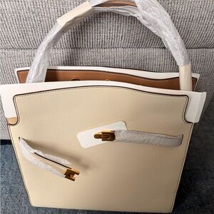Tory Burch Cream and Tan Structured Satchel with Gold Hardware